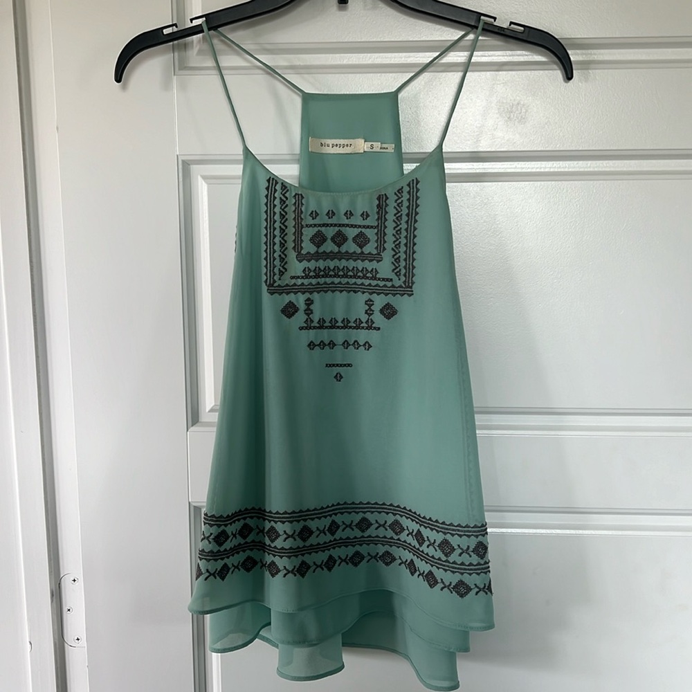 Blu Pepper halter spaghetti strap turquoise shirt with embroidery design